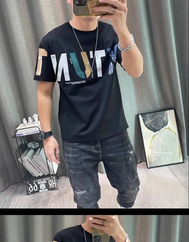2023 Summer New Fashion Street Letter Printing T-Shirts Man Korean Style Round Neck Short Sleeve Loose Casual Cotton Pullovers