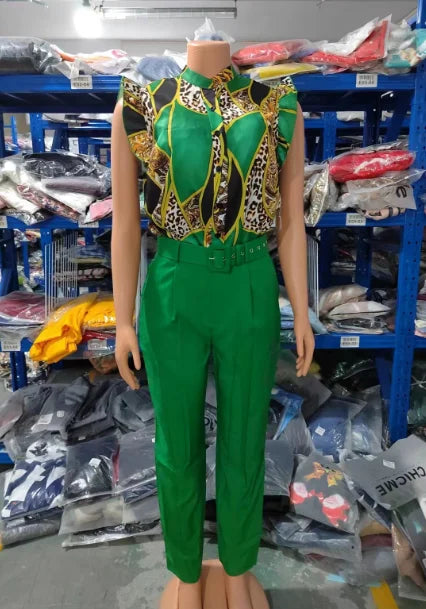 Women's Pant Set 2023 Summer Fashion Geometric Print Ruffle Sleeve Top and Pants Set with Belt Elegant Office Suit