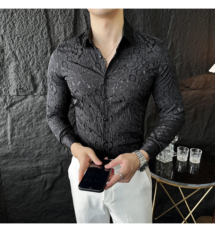 Camisas De Hombre Men Fashion Long Sleeve Jacquard Shirt High Quality Luxury Business Slimming Social Elegant Dress Casual Shirt