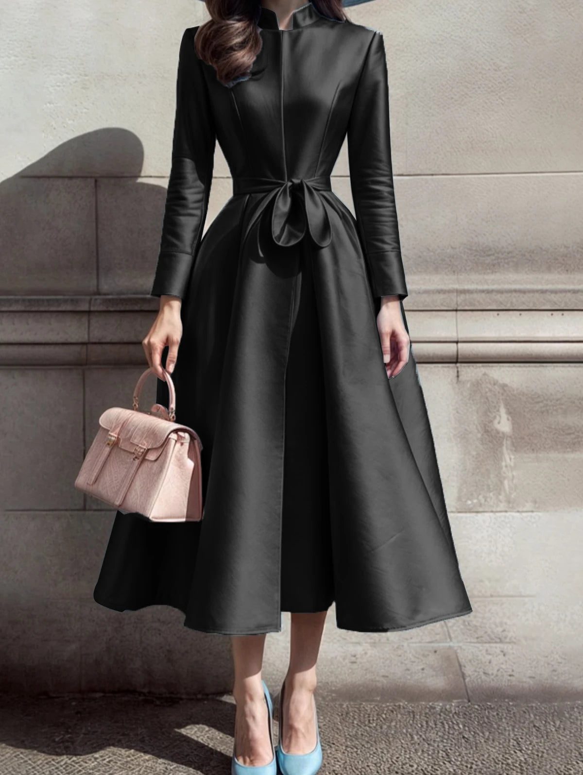 Elegant Dress for Women Stand Collar Pleated A-Line Long Sleeve Sweet Party Club Evening Wedding Guest Midi Dresses with Belt