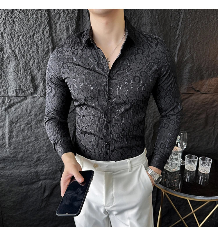 Camisas De Hombre Men Fashion Long Sleeve Jacquard Shirt High Quality Luxury Business Slimming Social Elegant Dress Casual Shirt