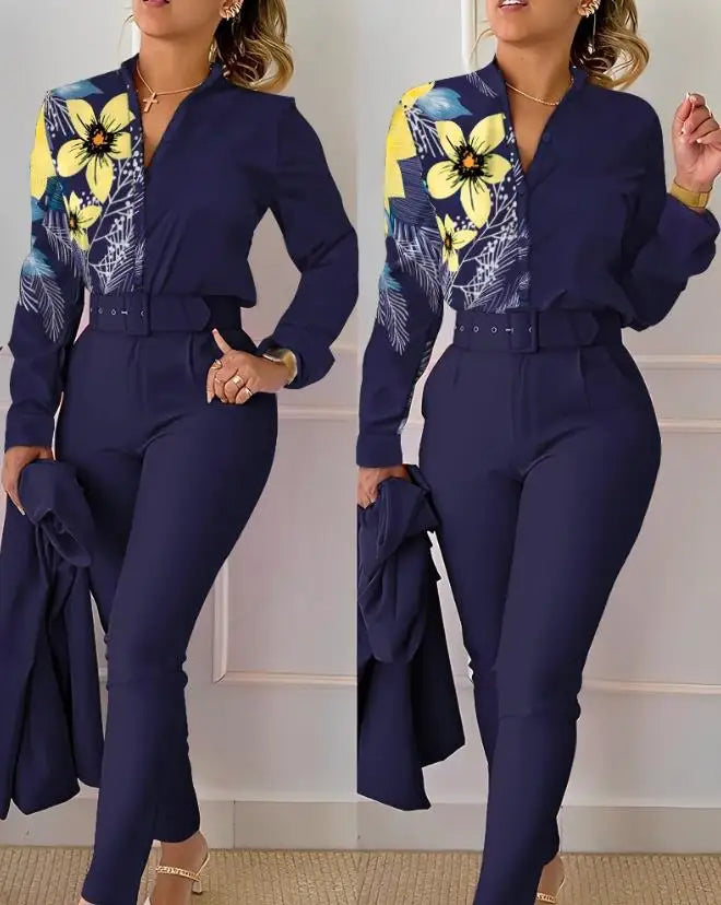 Women's Pant Set 2023 Summer Fashion Geometric Print Ruffle Sleeve Top and Pants Set with Belt Elegant Office Suit