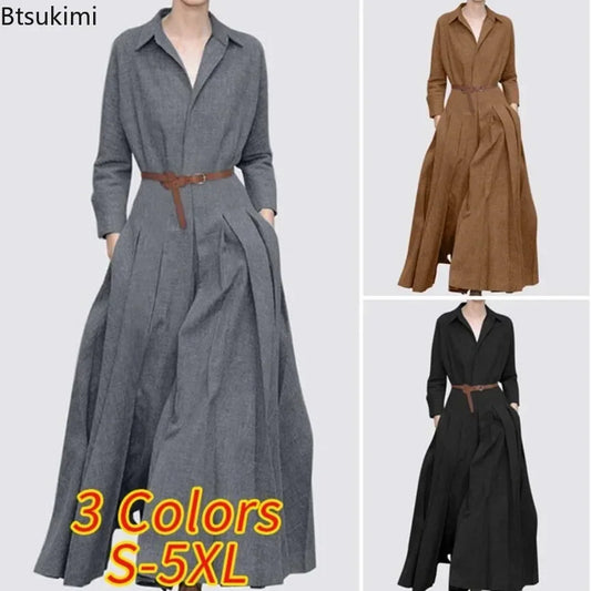 Elegant Shirt Dress for Women Fashion Lapel Temperament Long Dress Spring Autumn New Casual Office Ladies Maxi Dress Modest Robe