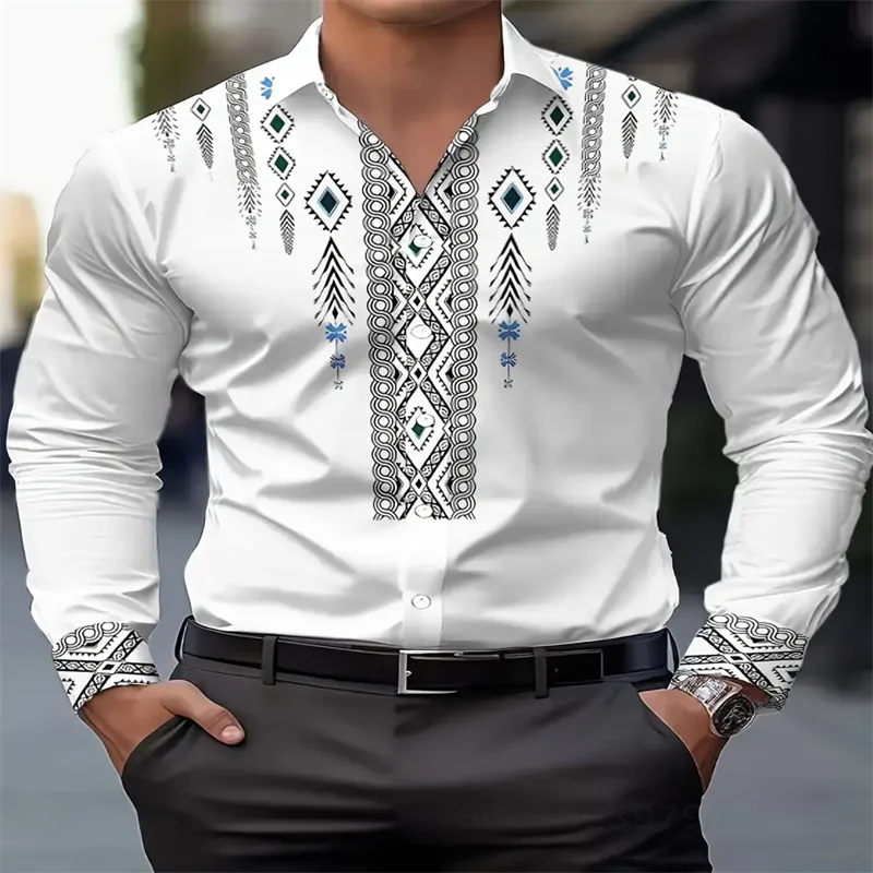 Men's ethnic style printed casual shirt Spring and autumn breathable long sleeve button geometric pattern shirt machine washable