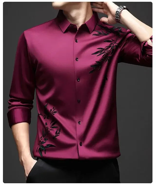 Autumn Winter Plus Fleece Men Shirts Printing Anti-Wrinkle Thermal Turn-down Collar Long Sleeve Banquet Single-breasted Tops