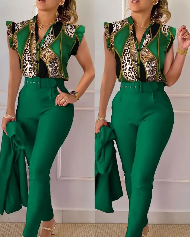 Women's Pant Set 2023 Summer Fashion Geometric Print Ruffle Sleeve Top and Pants Set with Belt Elegant Office Suit