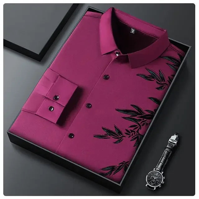 Autumn Winter Plus Fleece Men Shirts Printing Anti-Wrinkle Thermal Turn-down Collar Long Sleeve Banquet Single-breasted Tops