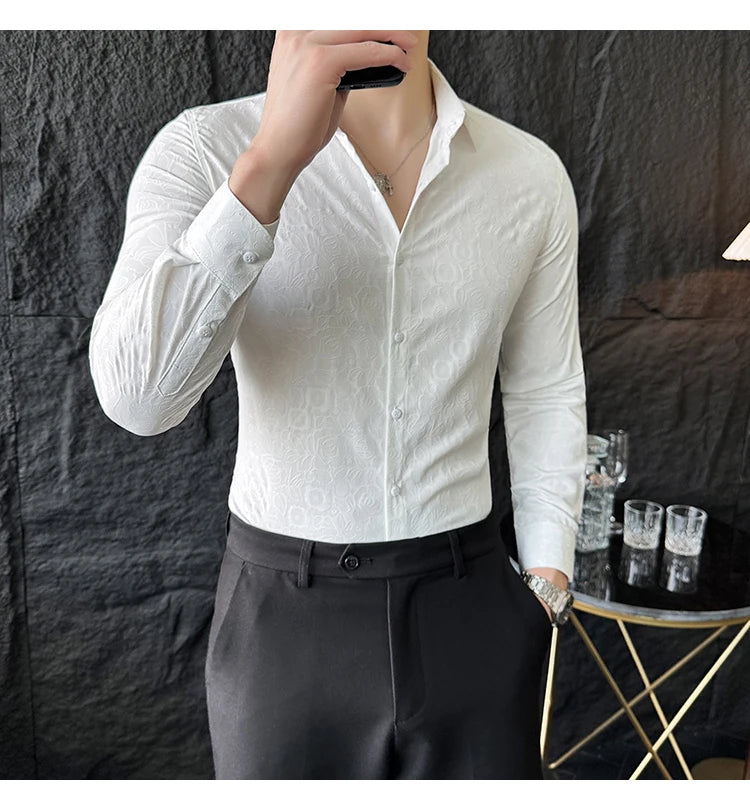 Camisas De Hombre Men Fashion Long Sleeve Jacquard Shirt High Quality Luxury Business Slimming Social Elegant Dress Casual Shirt