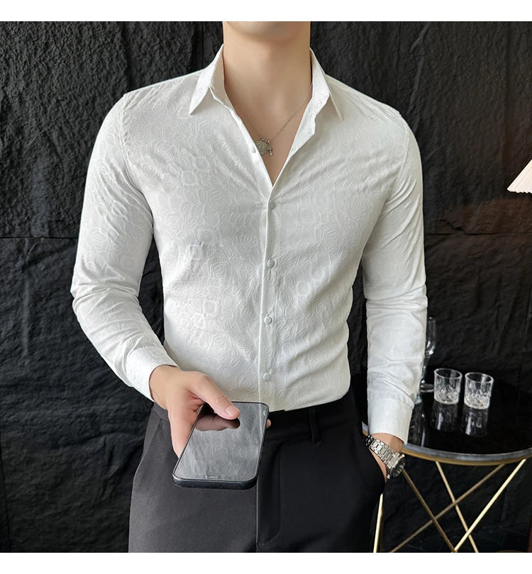 Camisas De Hombre Men Fashion Long Sleeve Jacquard Shirt High Quality Luxury Business Slimming Social Elegant Dress Casual Shirt