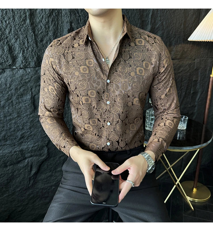 Camisas De Hombre Men Fashion Long Sleeve Jacquard Shirt High Quality Luxury Business Slimming Social Elegant Dress Casual Shirt