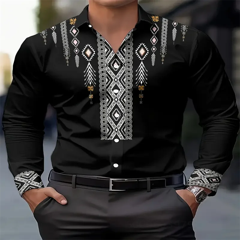 Men's ethnic style printed casual shirt Spring and autumn breathable long sleeve button geometric pattern shirt machine washable