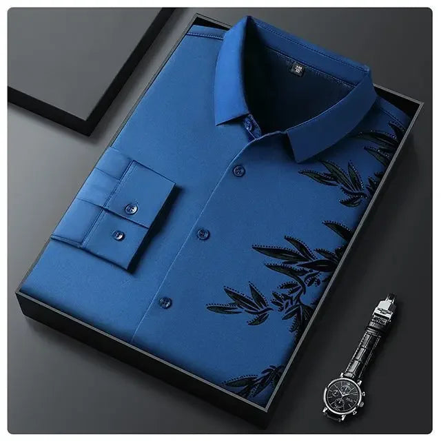 Autumn Winter Plus Fleece Men Shirts Printing Anti-Wrinkle Thermal Turn-down Collar Long Sleeve Banquet Single-breasted Tops