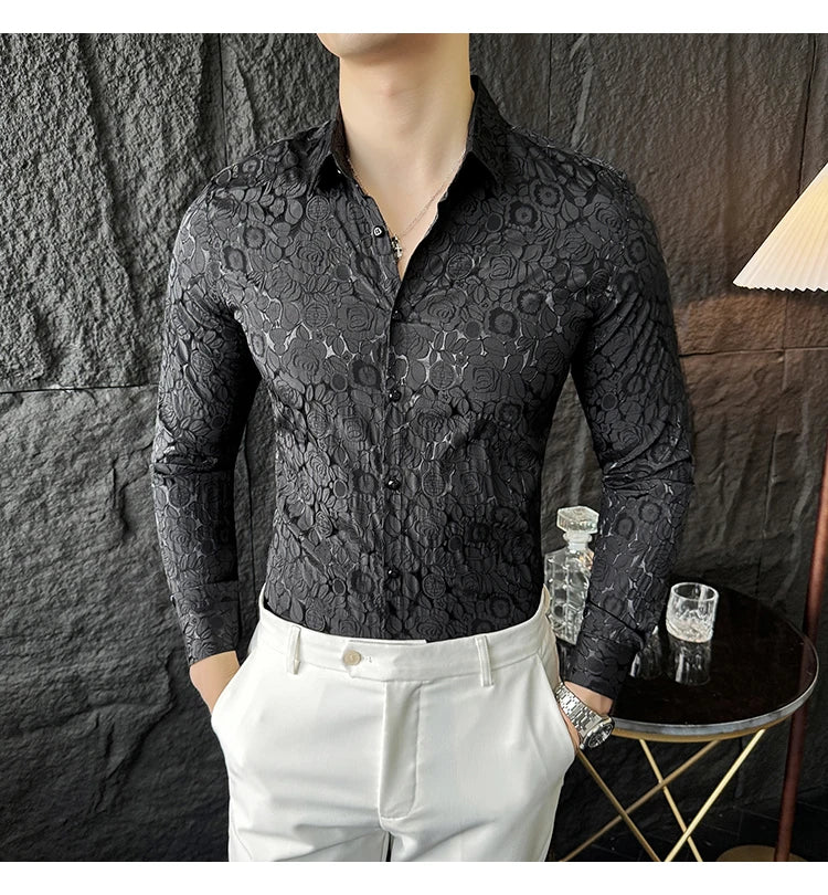 Camisas De Hombre Men Fashion Long Sleeve Jacquard Shirt High Quality Luxury Business Slimming Social Elegant Dress Casual Shirt
