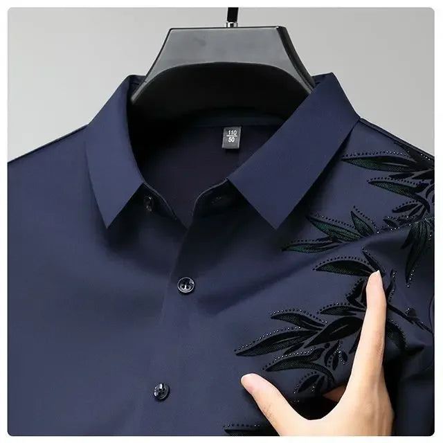 Autumn Winter Plus Fleece Men Shirts Printing Anti-Wrinkle Thermal Turn-down Collar Long Sleeve Banquet Single-breasted Tops