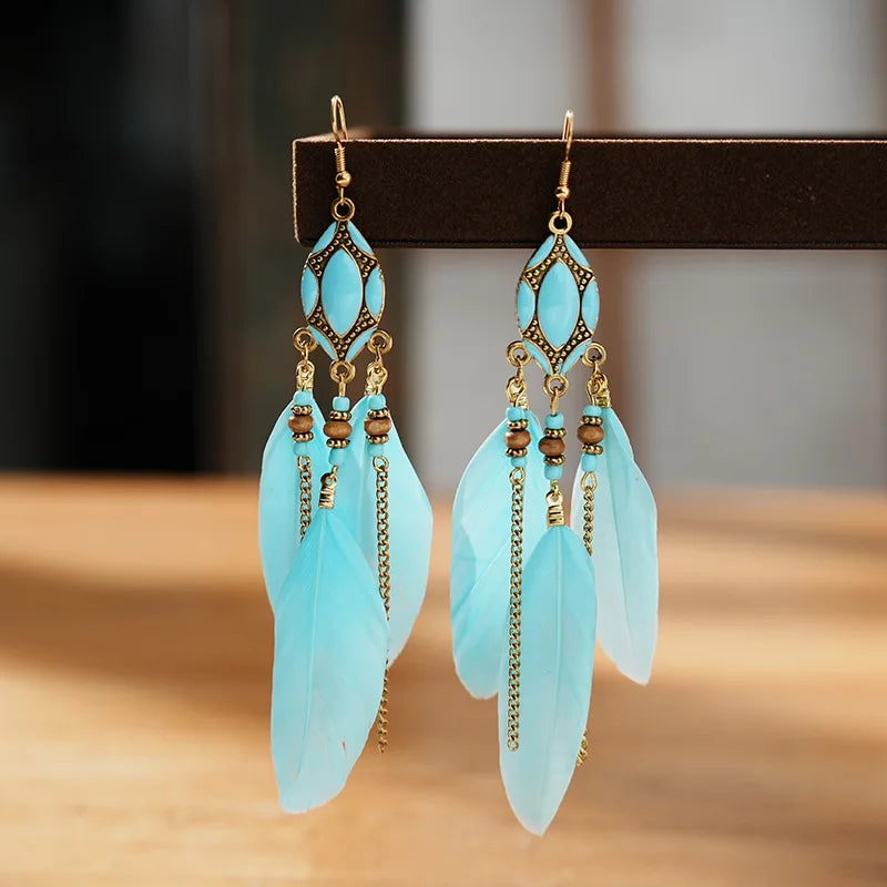 New Ethnic Long Feather Dangle Earrings For Women Bohemian Tassel Beads Handmade Enamel Earrings Girl Bride Wedding Jewelry