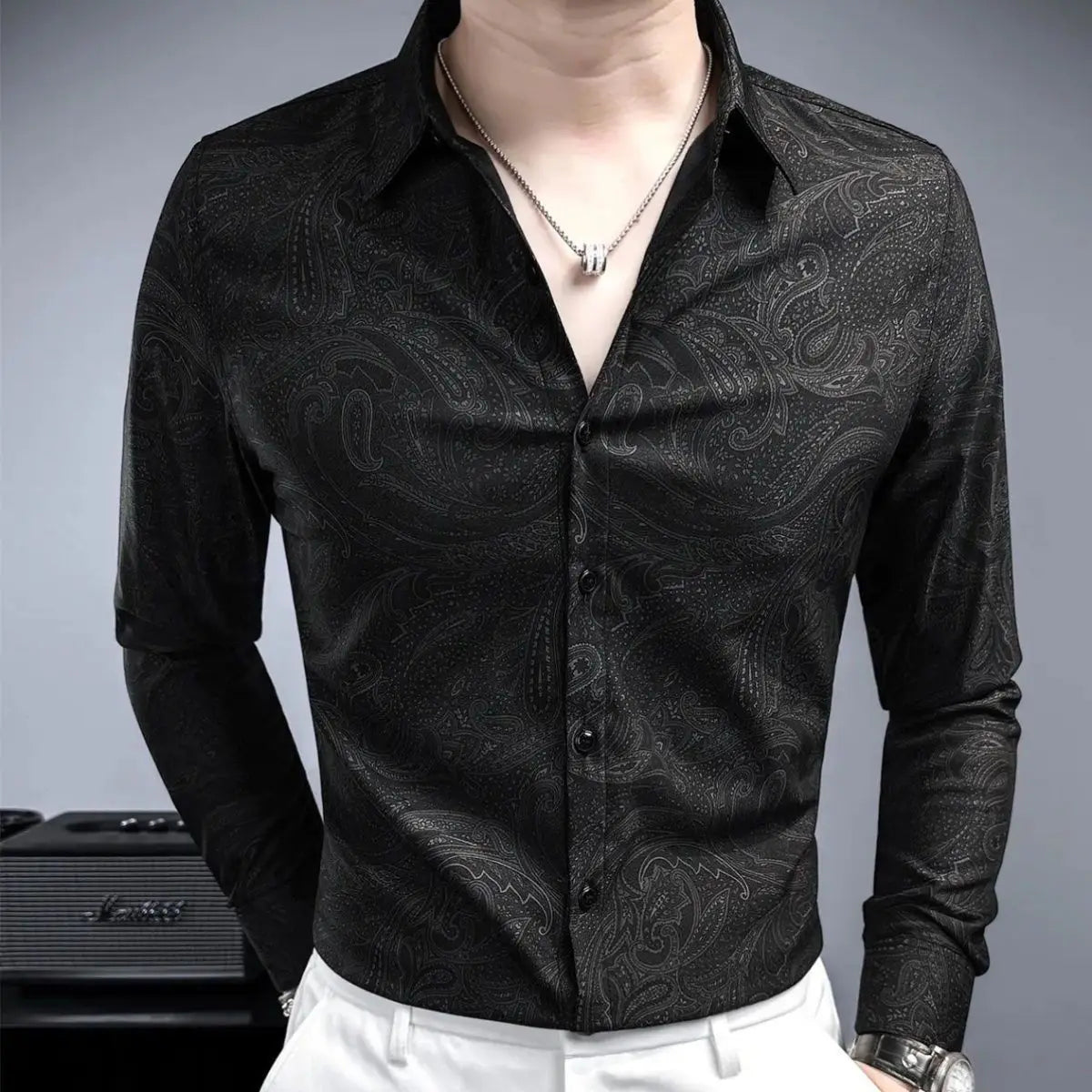 New Spring Summer Men Premium Print Casual Slim Fit Long Sleeve Shirt