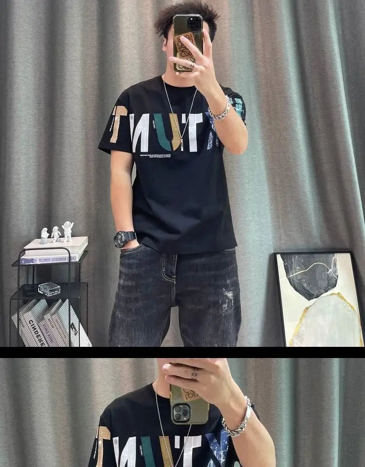 2023 Summer New Fashion Street Letter Printing T-Shirts Man Korean Style Round Neck Short Sleeve Loose Casual Cotton Pullovers