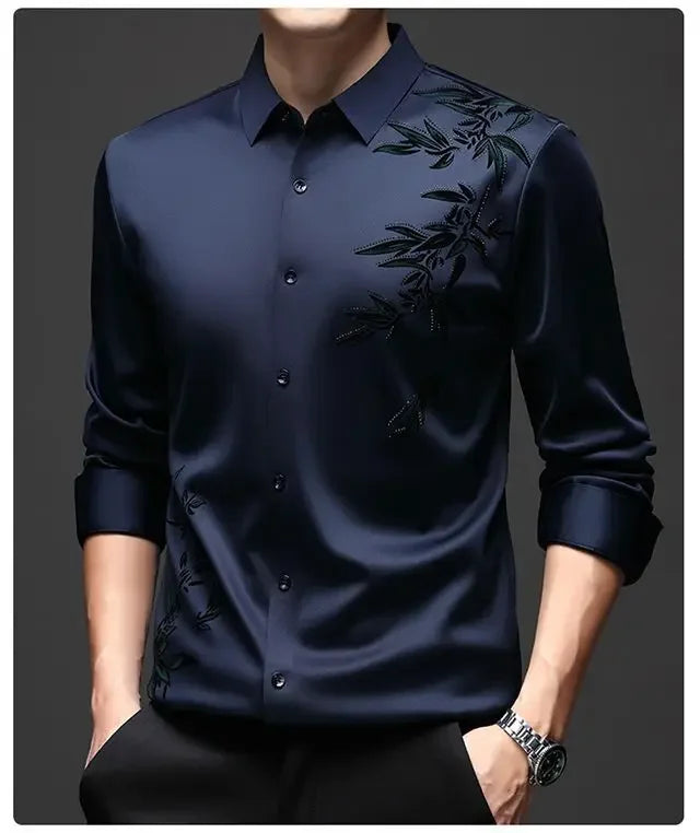 Autumn Winter Plus Fleece Men Shirts Printing Anti-Wrinkle Thermal Turn-down Collar Long Sleeve Banquet Single-breasted Tops