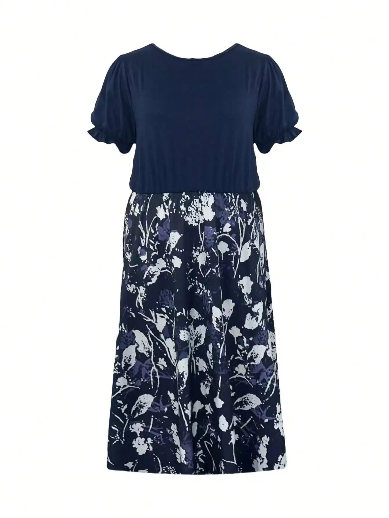 Plus Size 1XL-5XL Women's Round Neck Ruffled Sleeve Long Dress Ladies Fashion Elegant Short Sleeve Dress for Spring & Summer