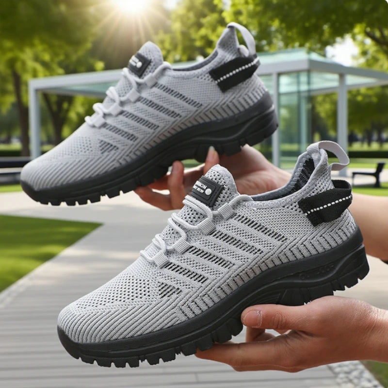 Men's Casual Mesh Shoe Breathable Knitted Comfortable Outdoor Flat Walking Shoes Trendy Striped Design Jogging Shoe Sneakers Men