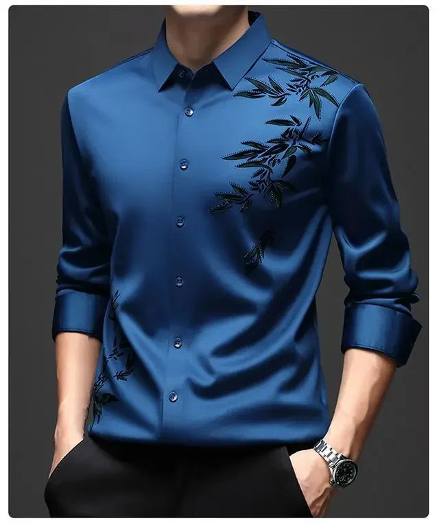 Autumn Winter Plus Fleece Men Shirts Printing Anti-Wrinkle Thermal Turn-down Collar Long Sleeve Banquet Single-breasted Tops