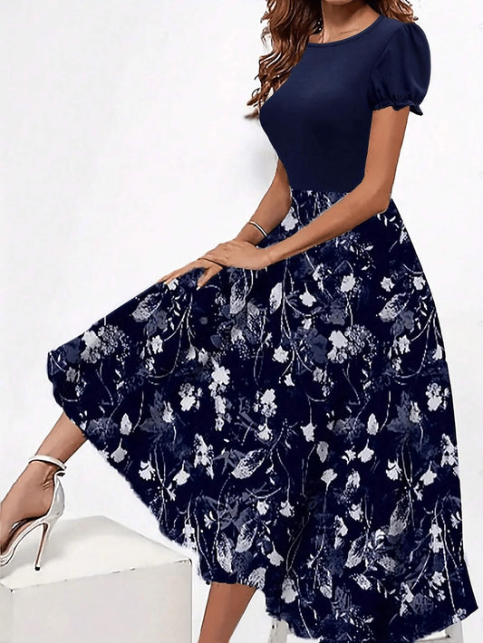 Plus Size 1XL-5XL Women's Round Neck Ruffled Sleeve Long Dress Ladies Fashion Elegant Short Sleeve Dress for Spring & Summer