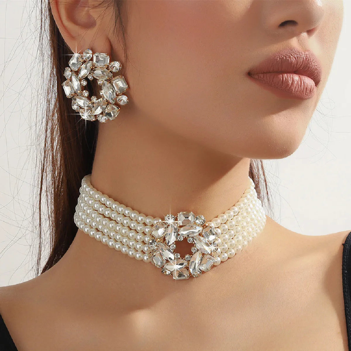 Luxury 5 Layer Pearl Necklace Set with Round Crystal Earrings Elegant Jewelry for Women Perfect for Parties Weddings Holidays