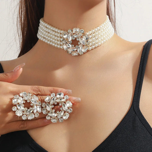 Luxury 5 Layer Pearl Necklace Set with Round Crystal Earrings Elegant Jewelry for Women Perfect for Parties Weddings Holidays