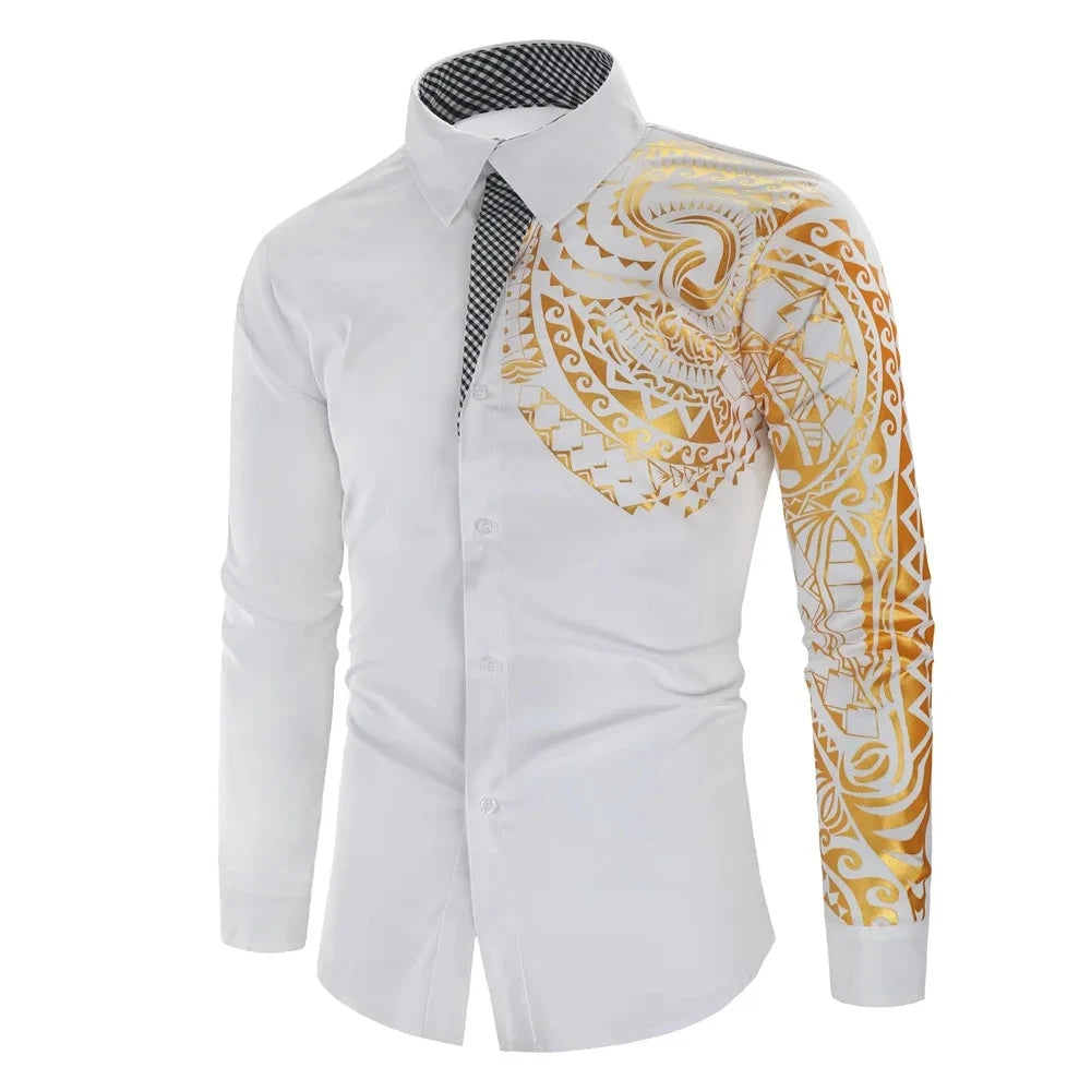 Autumn Men's Red Long-sleeved Shirt with Gold Print Decoration, Asian Size/ Loose Fit White Shirts, Available in Black and Blue.