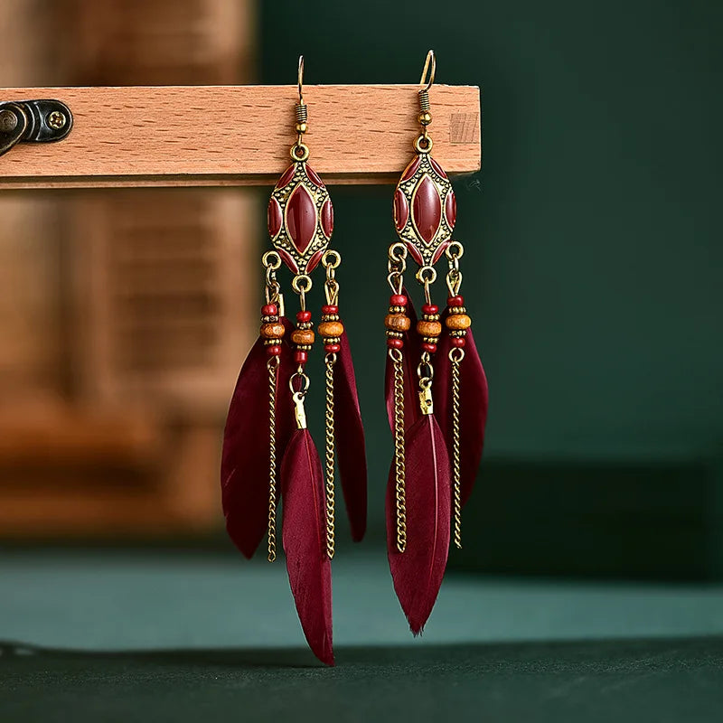 New Ethnic Long Feather Dangle Earrings For Women Bohemian Tassel Beads Handmade Enamel Earrings Girl Bride Wedding Jewelry