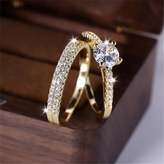 Luxury Female 2pcs Small Round White Zircon Stone Ring Set Promise Gold Color Wedding Engagement Jewelry For Women