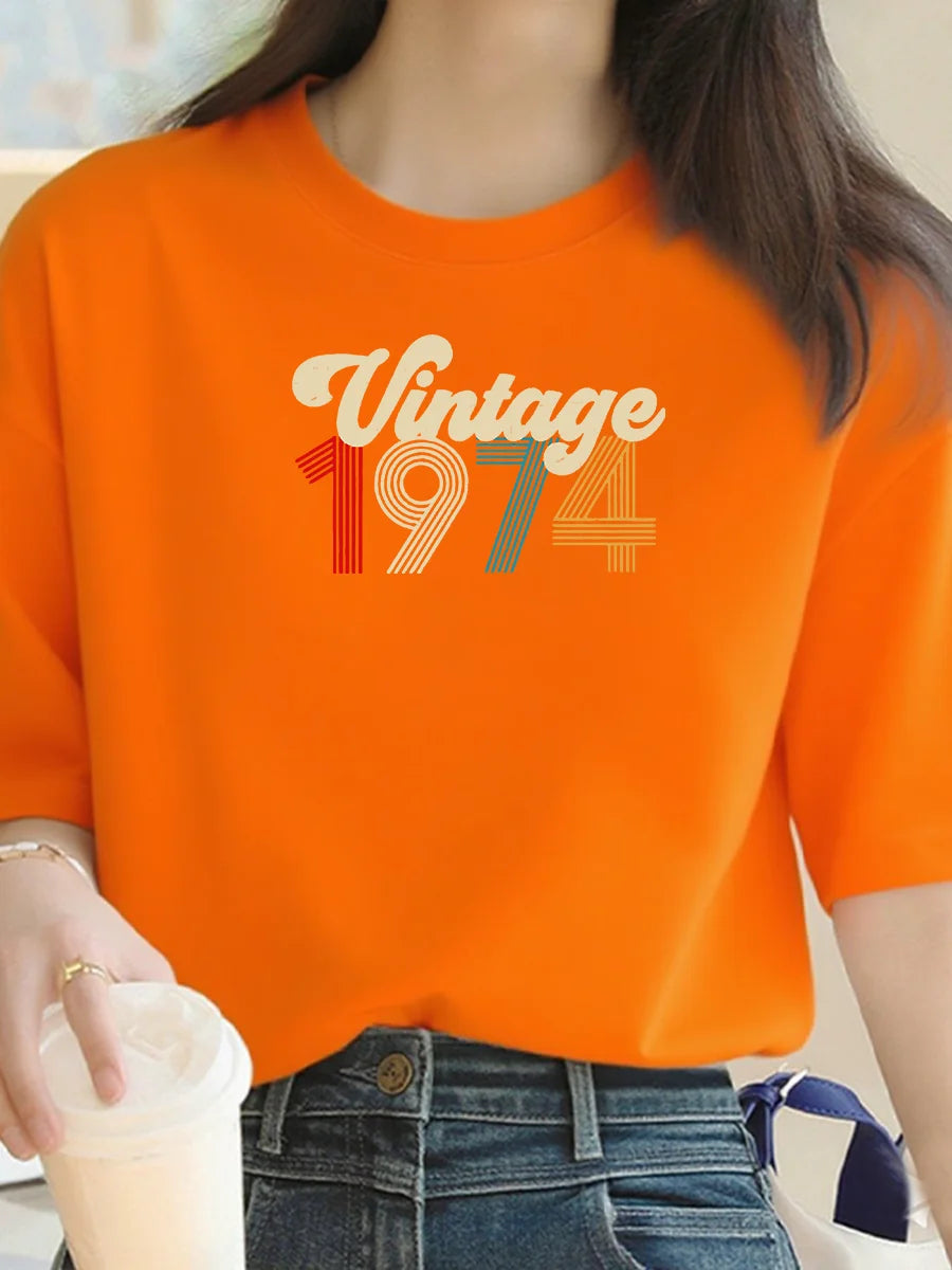 Letter 1974 Print T-Shirt for Women - Summer Comfort Top - Outdoor Short Sleeve - Fashionable Women's Clothing