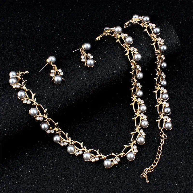 Luxury Imitation Pearl Beaded Necklace Earring Bracelet for Women Exquisite Wedding Bride Crystal Jewelry Sets Party Accesories
