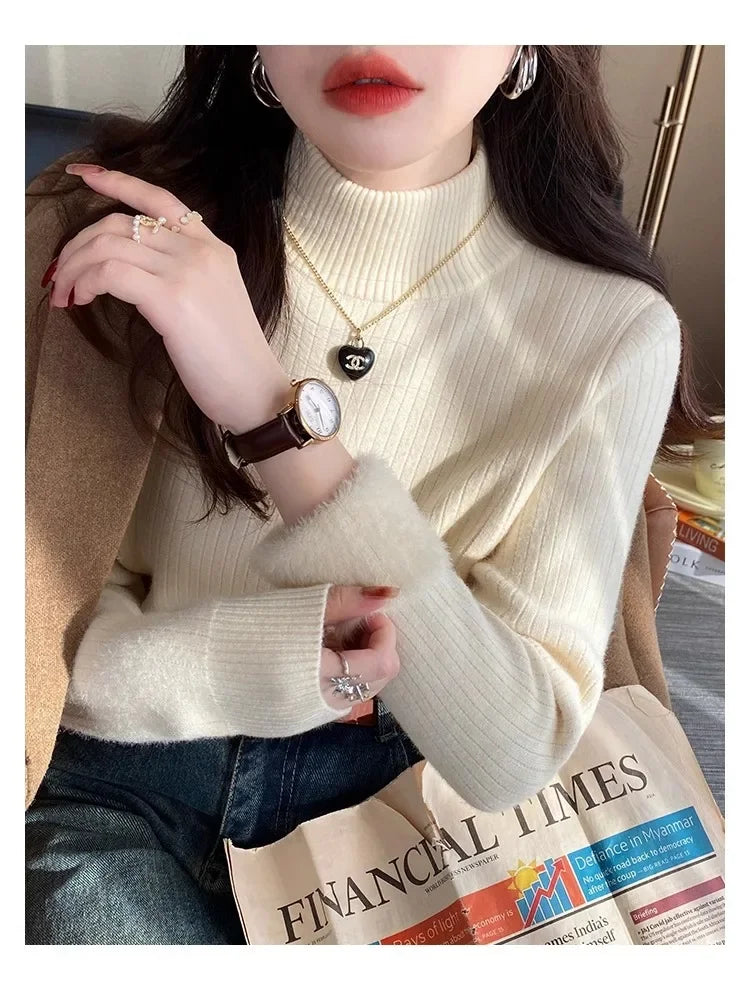 Sweater For Women Winter Thicken Turtleneck Slim Knit Pullover New Warm Plush Velvet Lined Knitwear Jumper Tops Casual Poleras