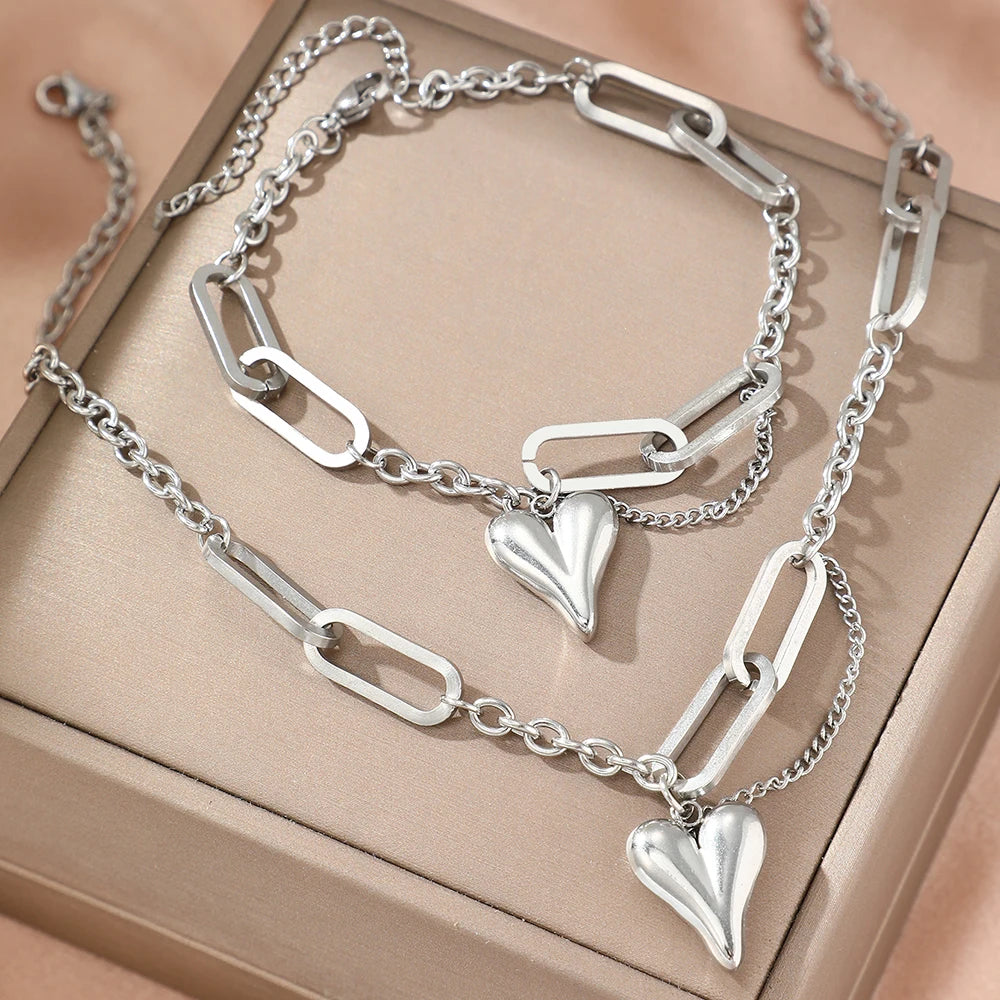 Stainless steel combination of two sets of new light luxury retro heart-shaped irregular chain women's jewelry daily matching
