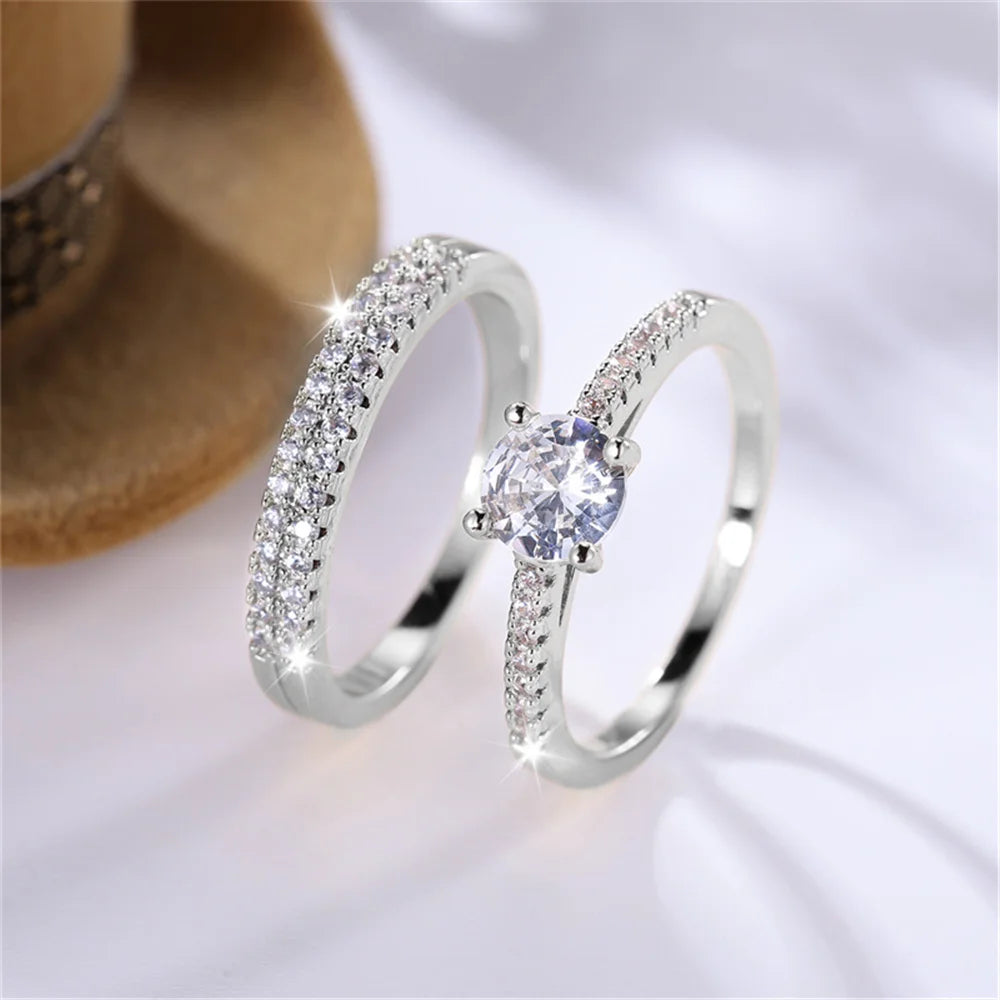 Luxury Female 2pcs Small Round White Zircon Stone Ring Set Promise Gold Color Wedding Engagement Jewelry For Women