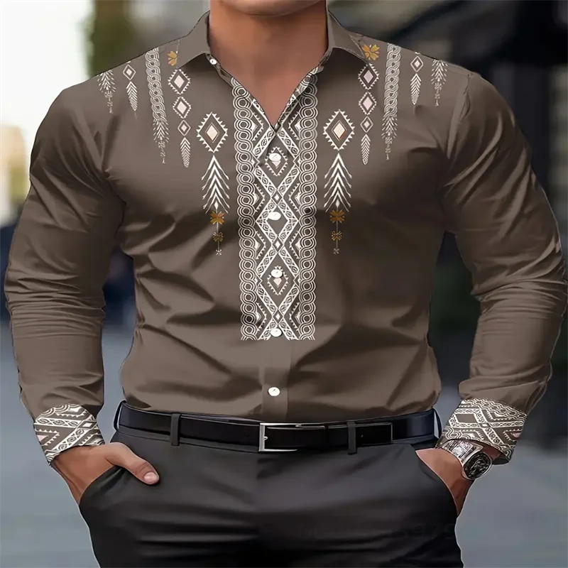 Men's ethnic style printed casual shirt Spring and autumn breathable long sleeve button geometric pattern shirt machine washable