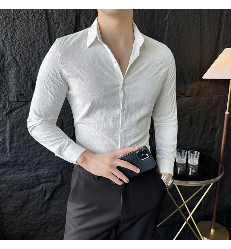 Camisas De Hombre Men Fashion Long Sleeve Jacquard Shirt High Quality Luxury Business Slimming Social Elegant Dress Casual Shirt