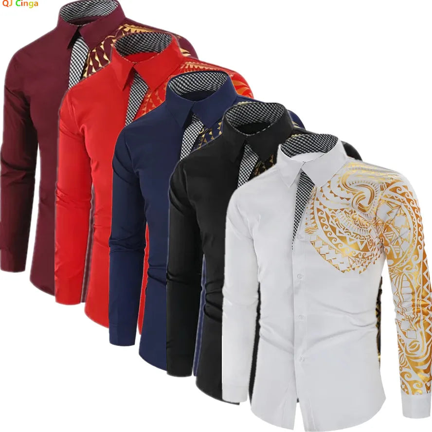 Autumn Men's Red Long-sleeved Shirt with Gold Print Decoration, Asian Size/ Loose Fit White Shirts, Available in Black and Blue.