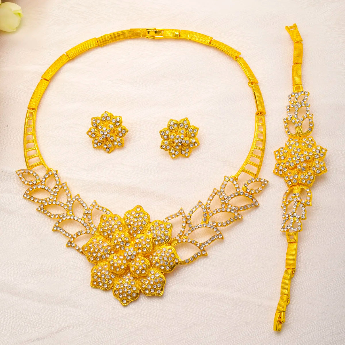Liffly Dubai Jewelry Set for Women 24K Gold Plated Luxury Flower Necklace Earrings Bracelet Bridal Jewellery Wedding Party