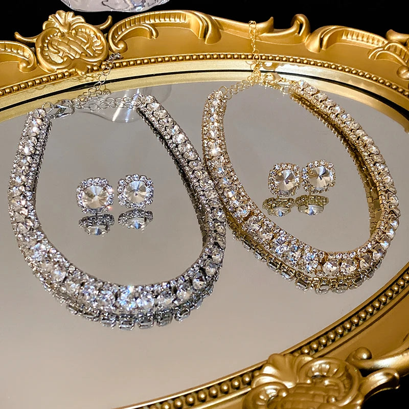 DREJEW Inlaid Green Crystal Necklaces Stud Earrings Jewelry Set For Women Luxury Necklace and Earring with Rhinestones For Party