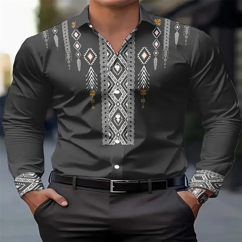 Men's ethnic style printed casual shirt Spring and autumn breathable long sleeve button geometric pattern shirt machine washable