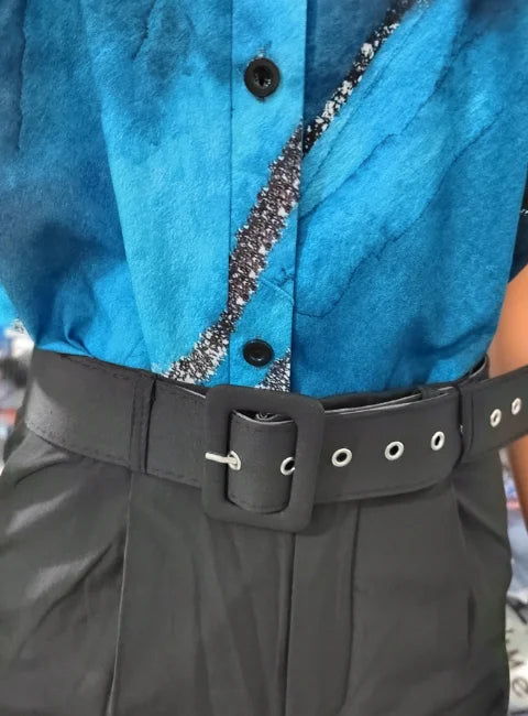 Women's Pant Set 2023 Summer Fashion Geometric Print Ruffle Sleeve Top and Pants Set with Belt Elegant Office Suit