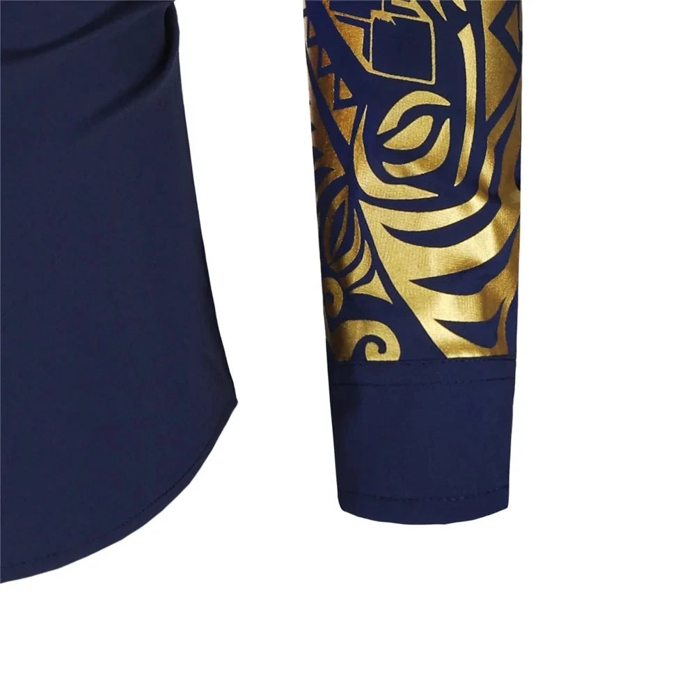 Autumn Men's Red Long-sleeved Shirt with Gold Print Decoration, Asian Size/ Loose Fit White Shirts, Available in Black and Blue.