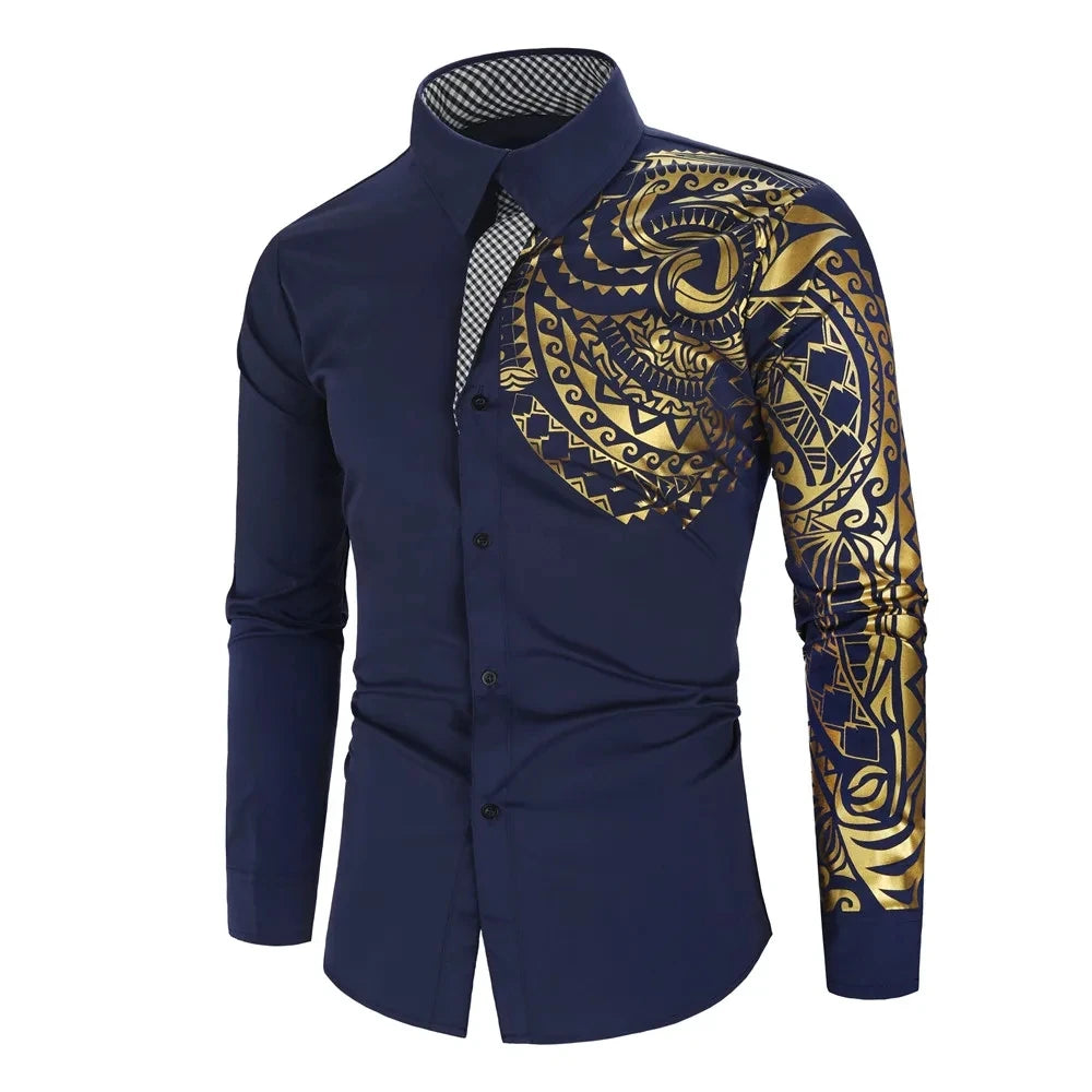 Autumn Men's Red Long-sleeved Shirt with Gold Print Decoration, Asian Size/ Loose Fit White Shirts, Available in Black and Blue.