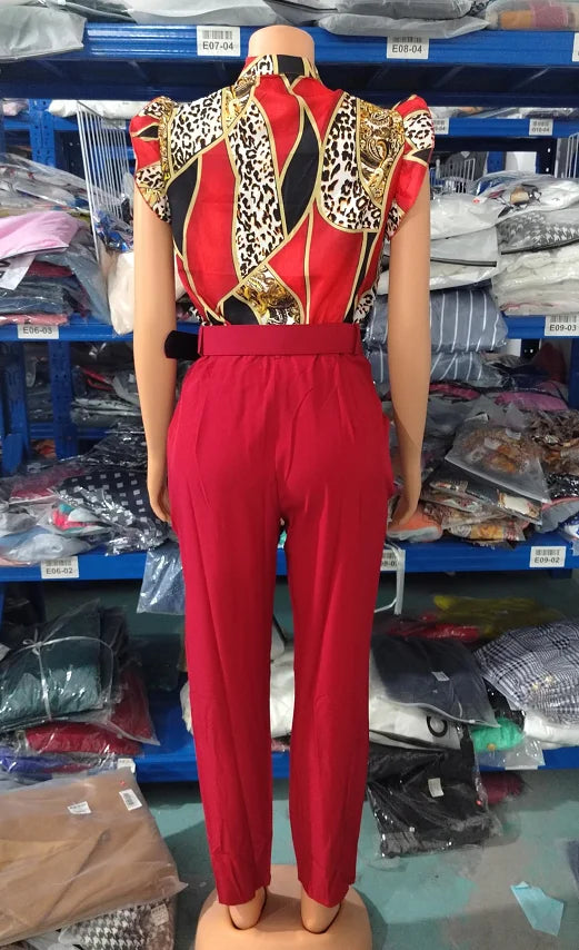 Women's Pant Set 2023 Summer Fashion Geometric Print Ruffle Sleeve Top and Pants Set with Belt Elegant Office Suit
