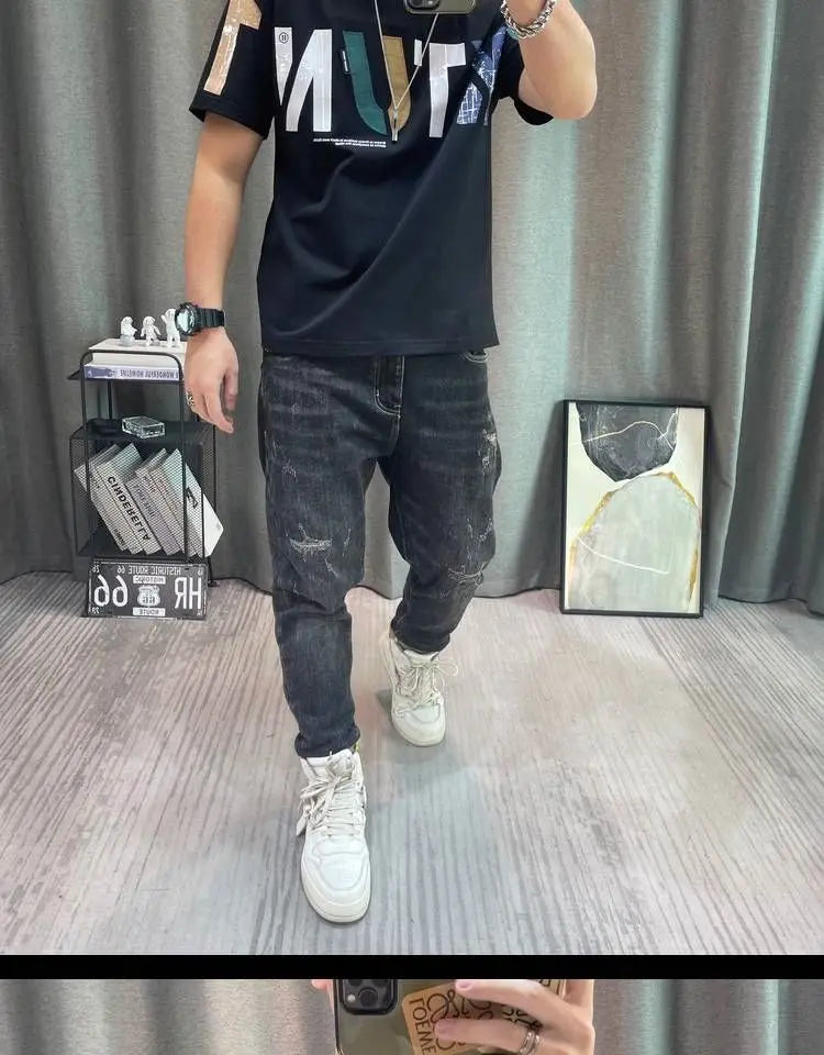 2023 Summer New Fashion Street Letter Printing T-Shirts Man Korean Style Round Neck Short Sleeve Loose Casual Cotton Pullovers