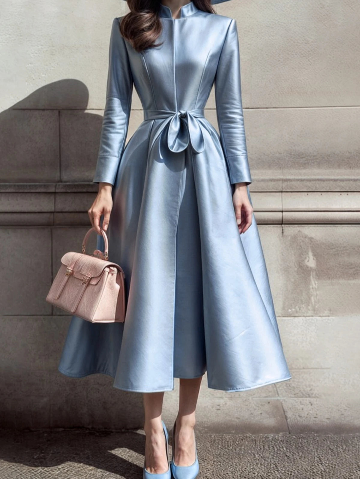 Elegant Dress for Women Stand Collar Pleated A-Line Long Sleeve Sweet Party Club Evening Wedding Guest Midi Dresses with Belt