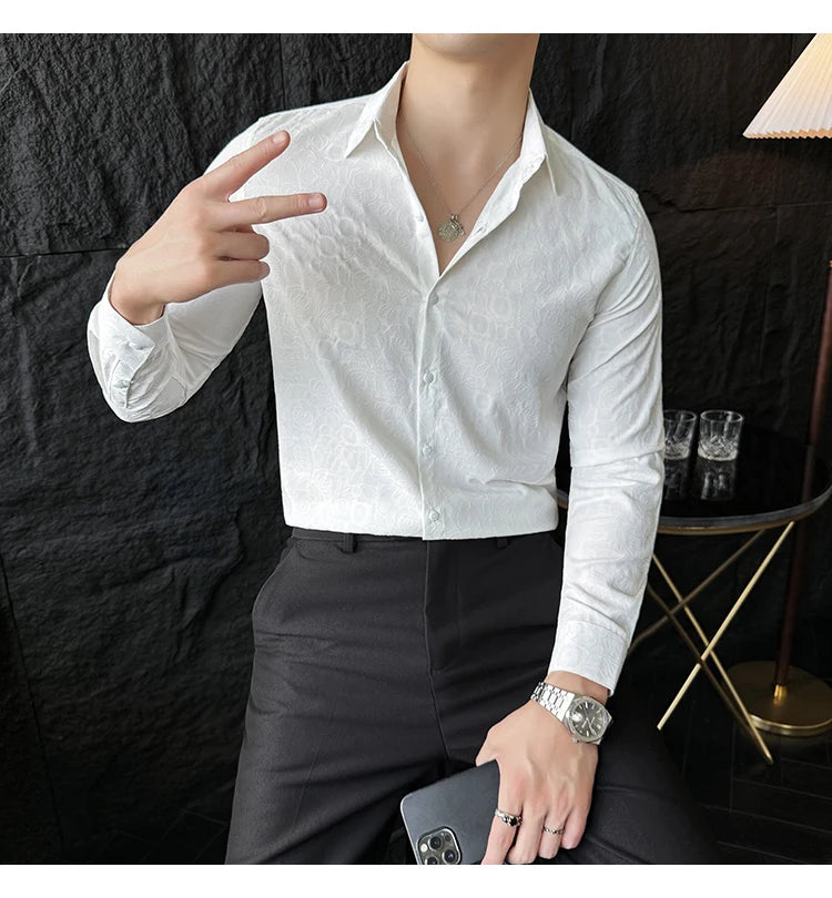 Camisas De Hombre Men Fashion Long Sleeve Jacquard Shirt High Quality Luxury Business Slimming Social Elegant Dress Casual Shirt