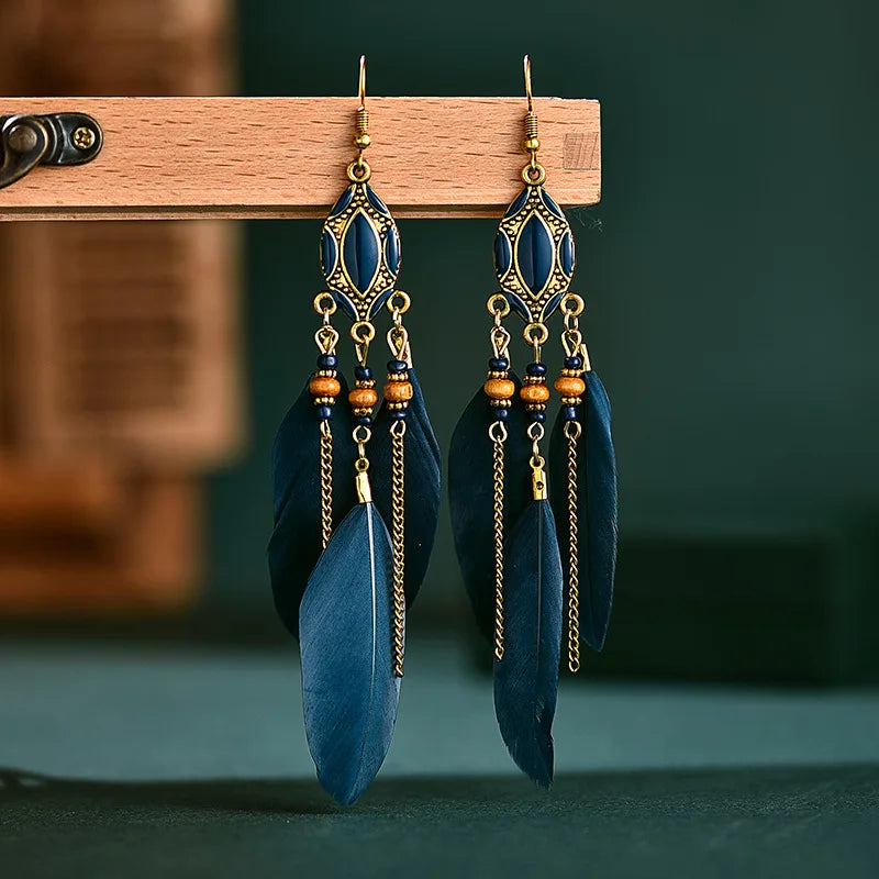New Ethnic Long Feather Dangle Earrings For Women Bohemian Tassel Beads Handmade Enamel Earrings Girl Bride Wedding Jewelry